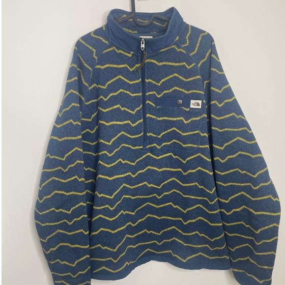 The North Face Mountain Print Gordon Lyons 1/2 Zip Fleece Sweater Blue Yellow L - Picture 2 of 10